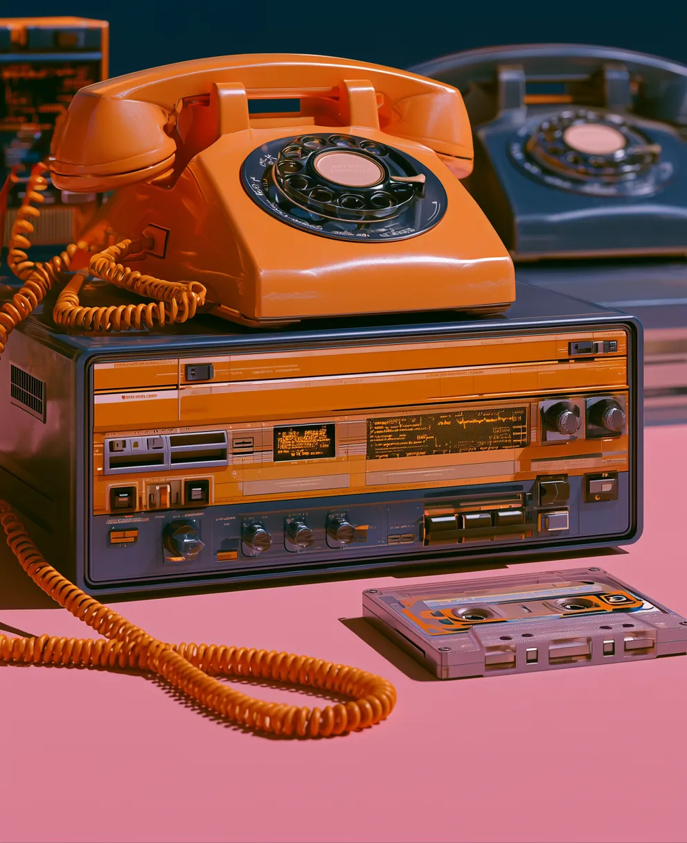 A rotary desk phone sitting on a reel answering machine, next to a cassette tape